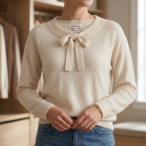 Minnierose 100% Cashmere Cream Knit Sweater with Bow Detail Size M